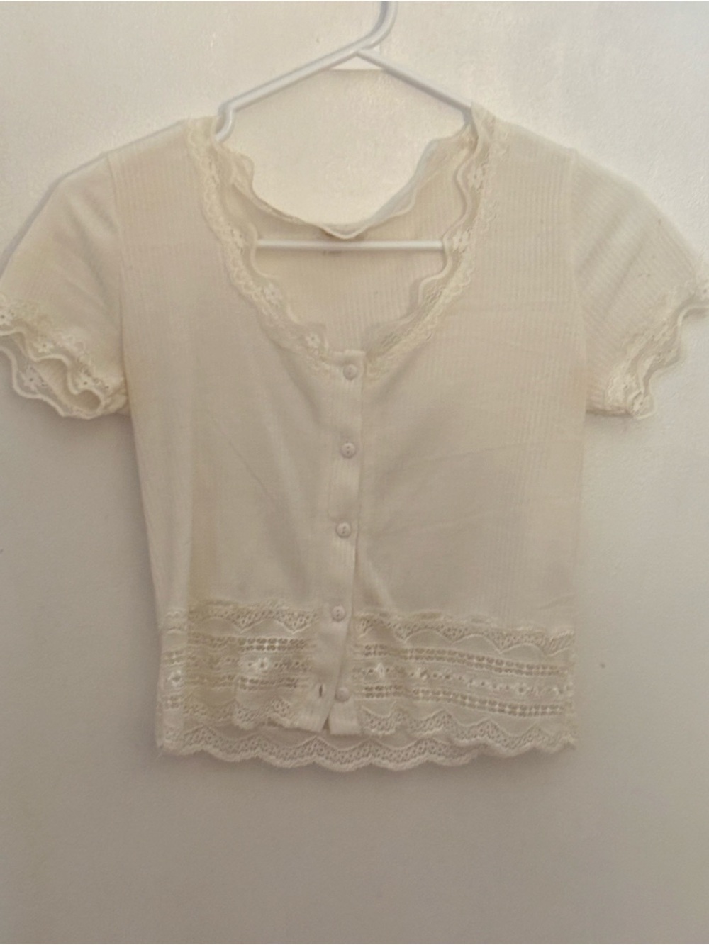 Caution To The Wind Cream Lace-Trim Buttoned Short Sleeve Top